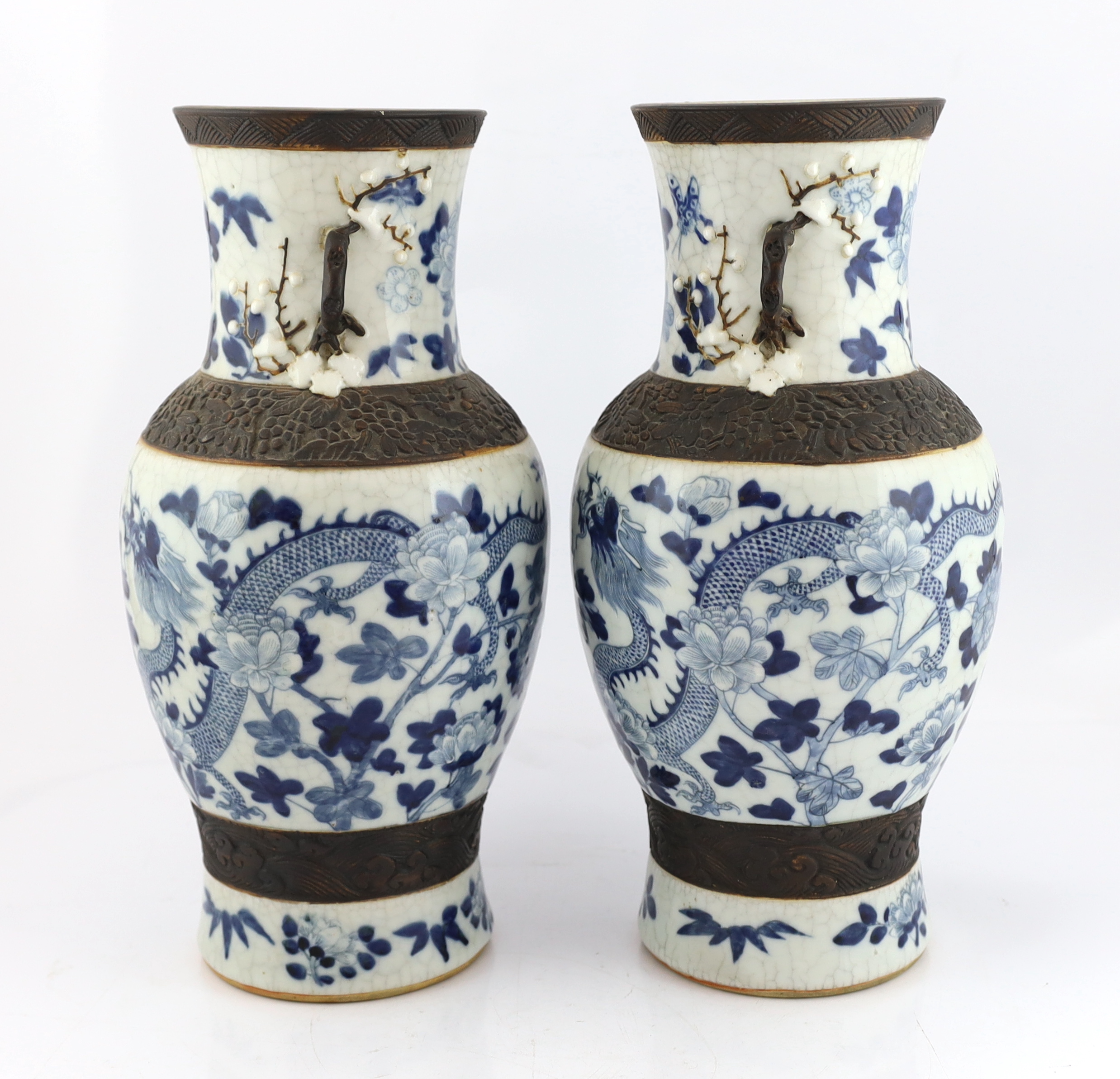 A pair of large Chinese blue and white crackle-glaze ‘dragon’ vases, early 20th century